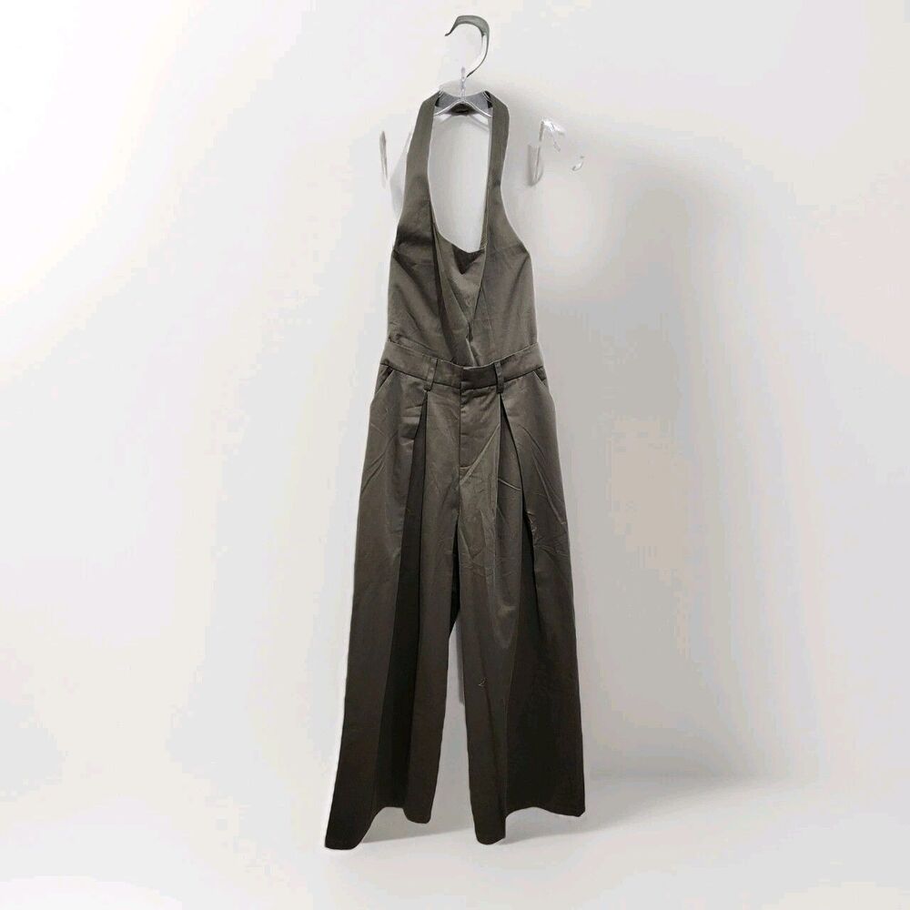 NEW Anthropologie Flat White Halter Trouser Jumpsuit Khaki Green Wide-Leg Sz XS